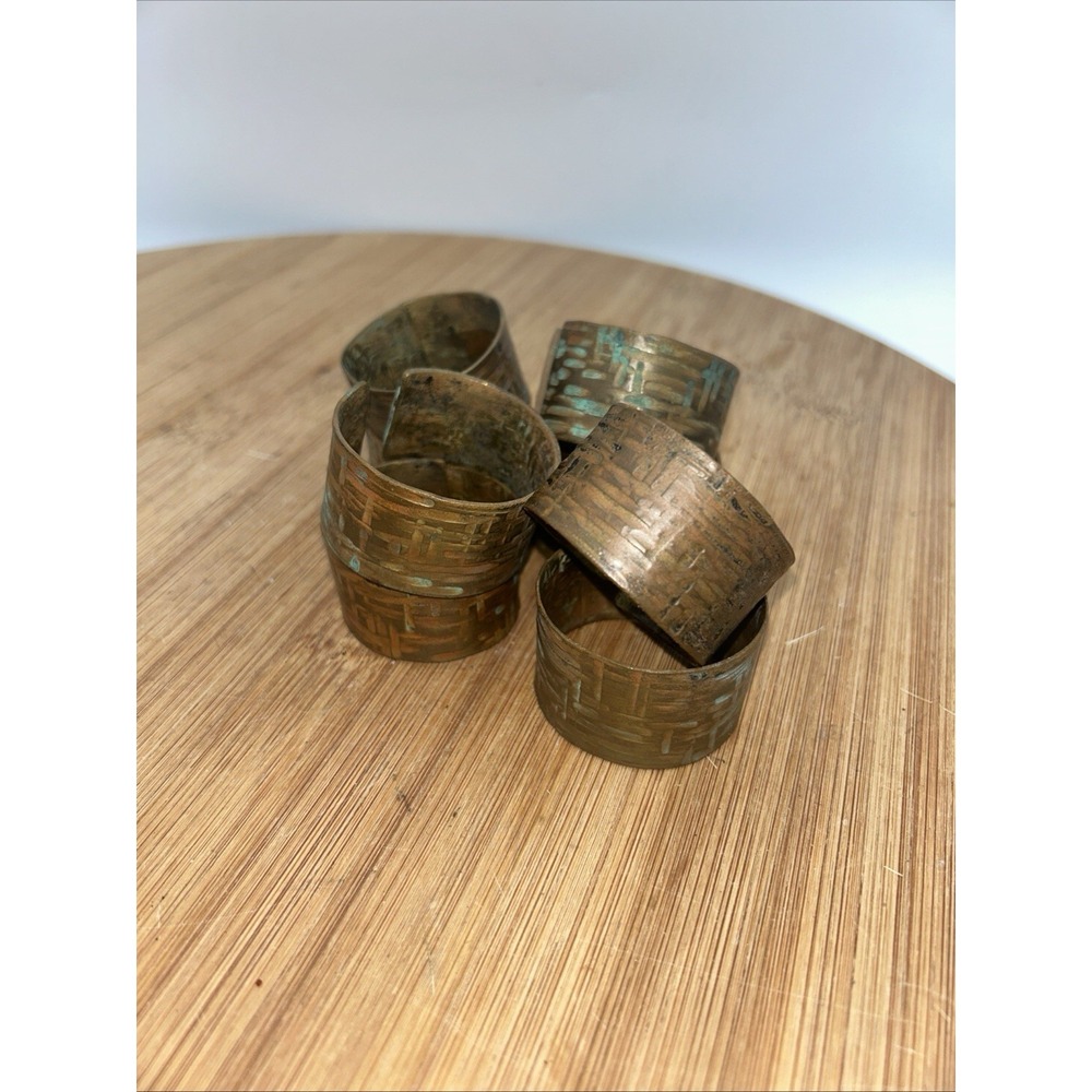 Vintage Copper Set of 6 Embossed Solid Copper‎ Napkin Rings Tooled Rattan